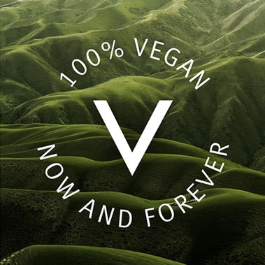 Veganuary imagery with sticker that reads: [100% Vegan V Now and Forever]
